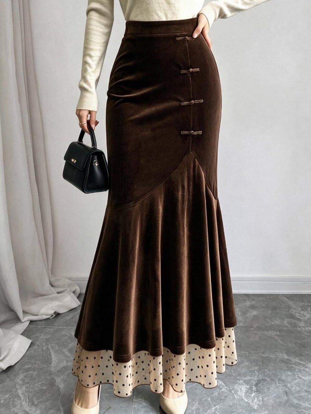 Brown Mermaid Skirt With Chinese Frog Button Front